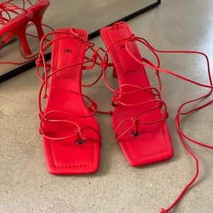 Zara Ankle Lace Up Red 3” Heels - Like New!